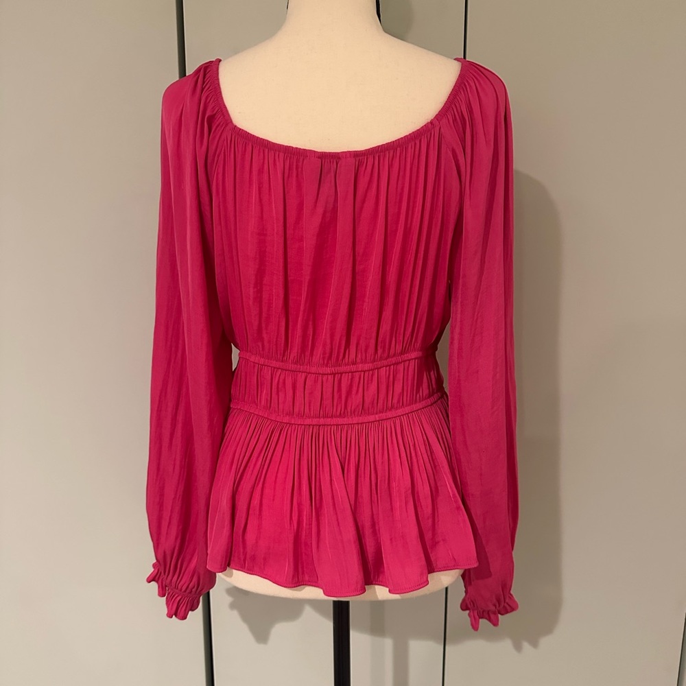 NINE WEST Size Medium Red and Pink Peplum Long Sleeve Sweetheart Neckline Blouse - Picture 9 of 11